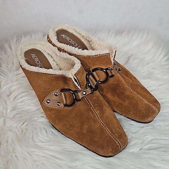 Aerosoles Cinch Shearly Mules Clogs Shoes Camel Brown Suede Faux Sherpa - Picture 1 of 9